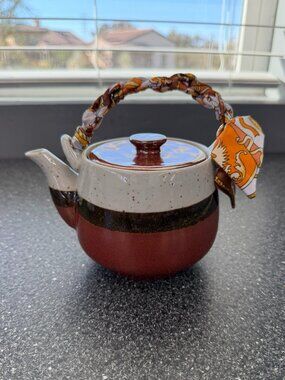 Vintage Stoneware Teapot Rust Brown Cream Wrapped Handle Boho Farmhouse Decor